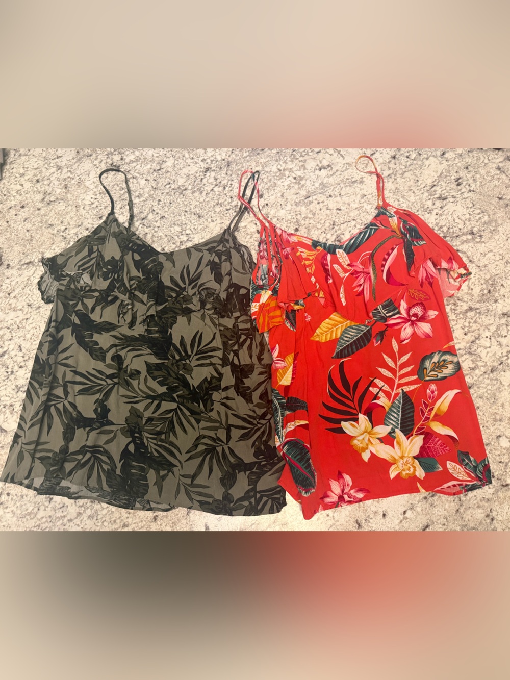 Old Navy Olive Green Leaf Print & Red Tropical Floral Camisoles - Set of 2